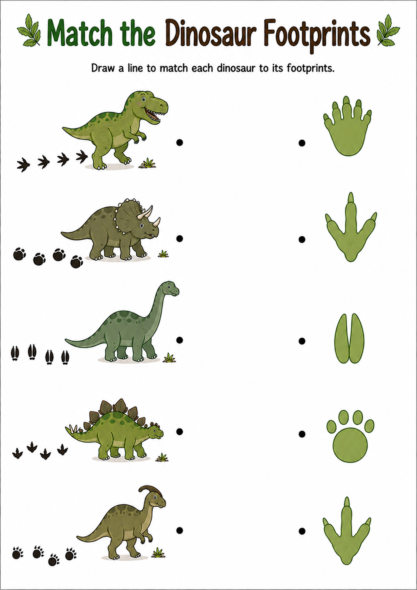 Dinosaur footprint matching activity where children connect each dinosaur to the correct footprint by observing the tracks left behind.