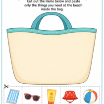Beach bag cut and paste activity where children choose the correct items to take to the beach and paste them inside a large beach bag.