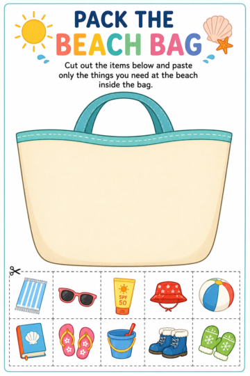 Beach bag cut and paste activity where children choose the correct items to take to the beach and paste them inside a large beach bag.