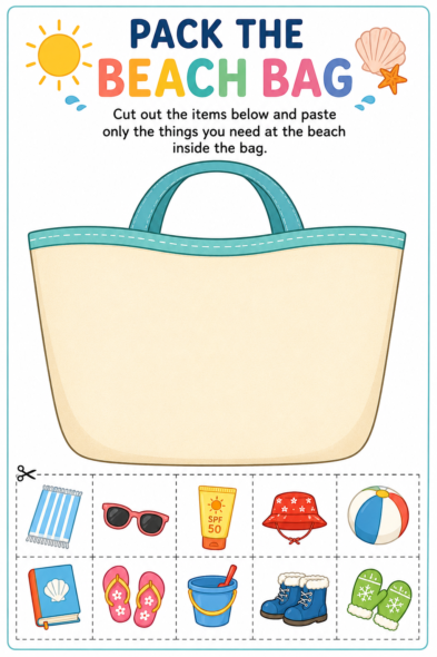 Beach bag cut and paste activity where children choose the correct items to take to the beach and paste them inside a large beach bag.
