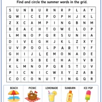 Summer word search printable featuring beach, picnic, lemonade, sunburn, ice pop, frisbee, coconut, dive, camping, and pool party vocabulary words.
