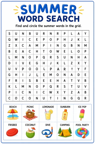 Summer word search printable featuring beach, picnic, lemonade, sunburn, ice pop, frisbee, coconut, dive, camping, and pool party vocabulary words.