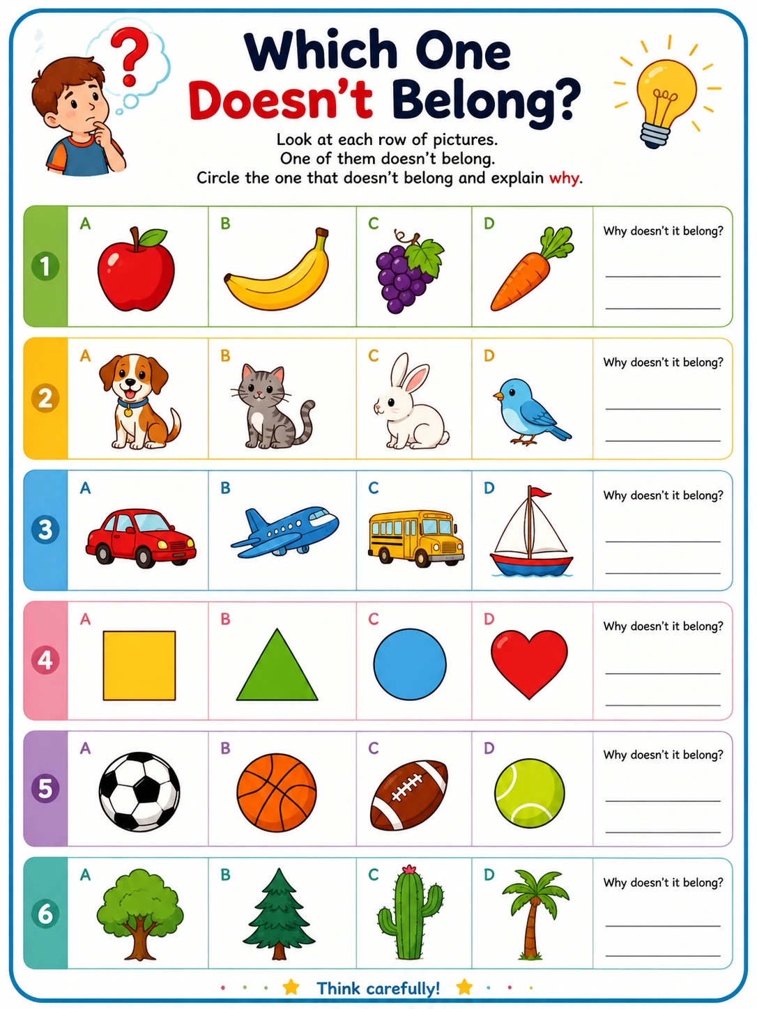 Which One Doesn’t Belong? Critical Thinking Worksheet for Kids Ages 6-8