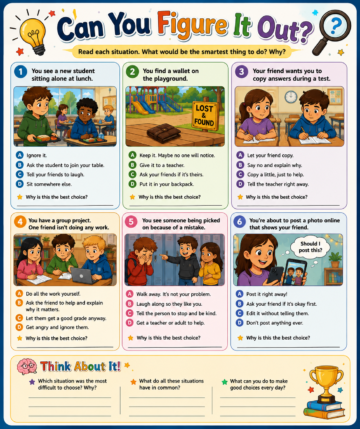 Printable critical thinking activity for kids with real-life decision making scenarios.