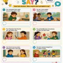 Printable kindness activity for kids with real-life situations that encourage positive communication and empathy.