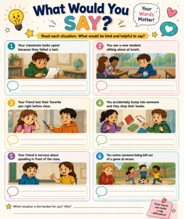 Printable kindness activity for kids with real-life situations that encourage positive communication and empathy.