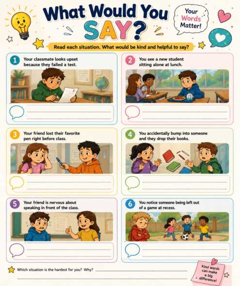 Printable kindness activity for kids with real-life situations that encourage positive communication and empathy.