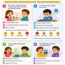 Printable SEL activity for kids with everyday friendship situations that help children understand feelings, practice empathy, manage emotions, and make thoughtful choices.