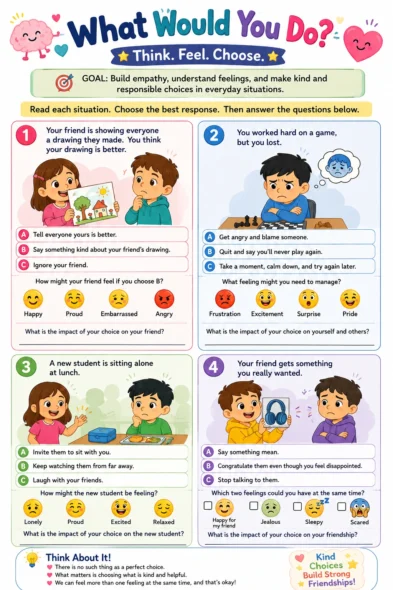 Printable SEL activity for kids with everyday friendship situations that help children understand feelings, practice empathy, manage emotions, and make thoughtful choices.