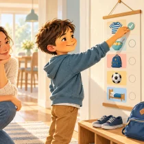Child checking a daily routine chart with pictures while his mother watches supportively.