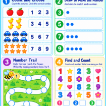 Counting worksheet with four activities: count objects and choose a number, add dots to match a number, complete a bee’s number trail from 1 to 9, and count digits in a grid.
