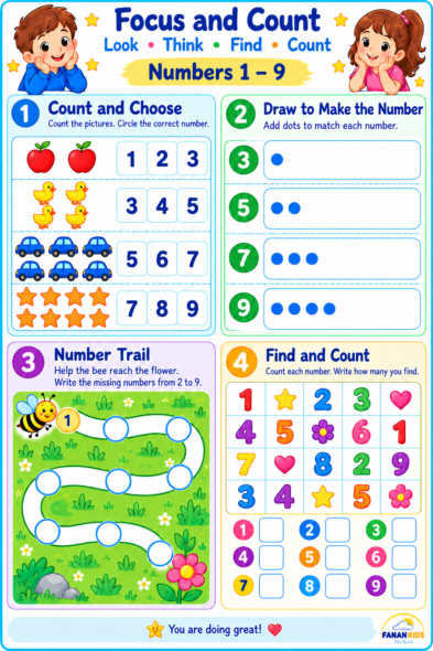 Counting worksheet with four activities: count objects and choose a number, add dots to match a number, complete a bee’s number trail from 1 to 9, and count digits in a grid.