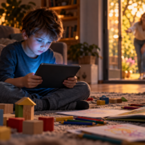 Child absorbed in a tablet while books, building blocks, and outdoor play remain unattended.