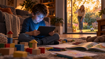 Child absorbed in a tablet while books, building blocks, and outdoor play remain unattended.